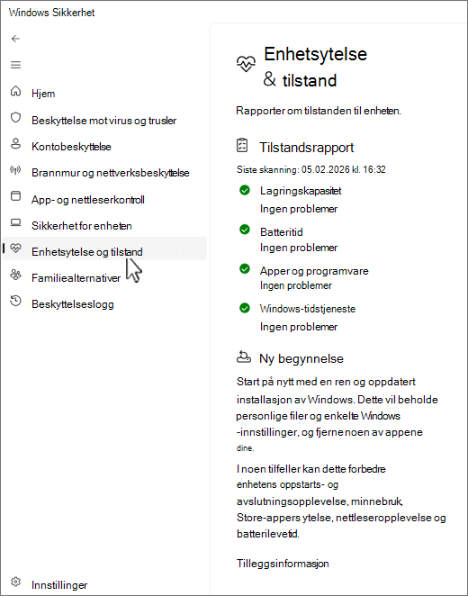 Skjermbilde av siden for enhet og ytelse i Windows Sikkerhet-appen.