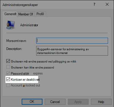 Dialogboksen Kontoegenskaper