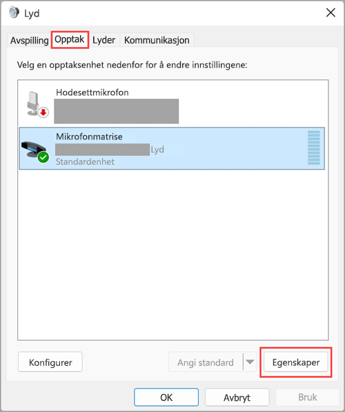 Finn egenskaper for lydinngangsenheter i lydinnstillingene for Windows 11.