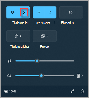 Her finner du Behandle Wi-Fi-tilkoblinger i hurtiginnstillingene for Windows 11.