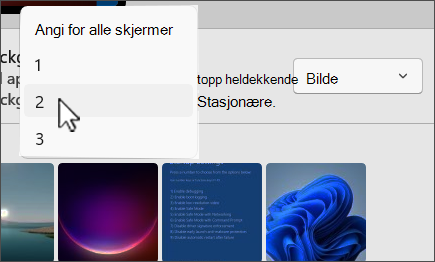 Skjermbilde som viser tilpassede valg for flere skjermer