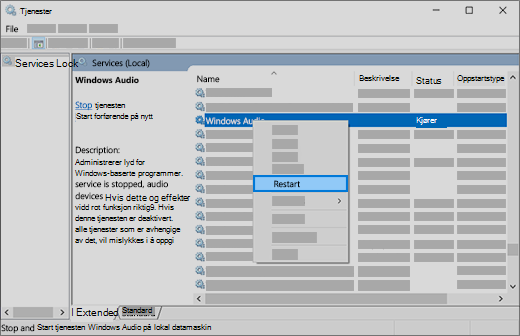 start lydtjenester på nytt: Windows Audio, Windows-endepunktsbygger og Remote Procedure Call (RPC)
