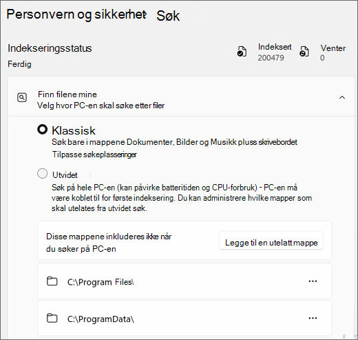 Skjermbilde som viser Innstillinger for Windows Search.