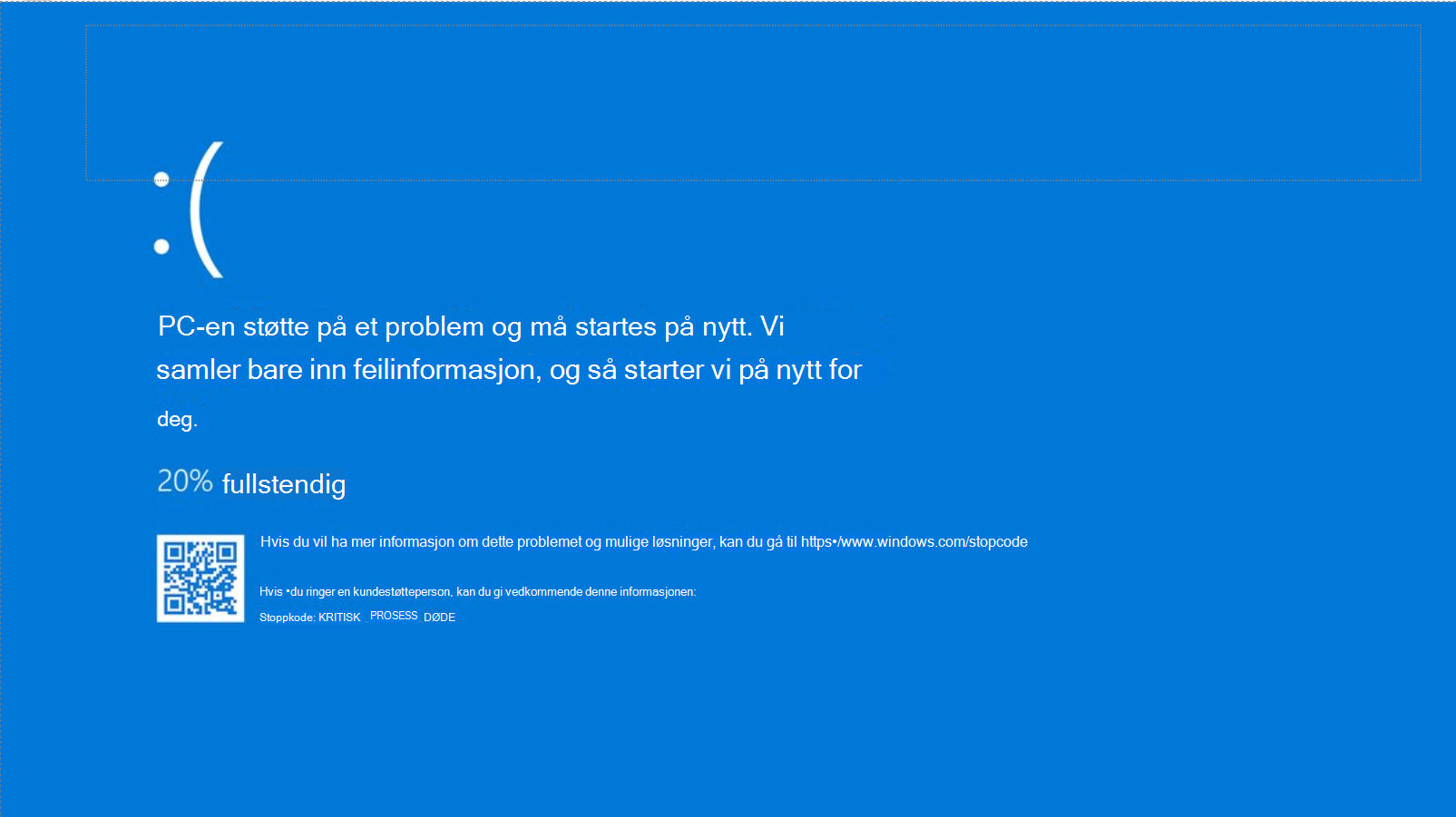 Skjermbilde av Stopp kode-feil i Windows 10