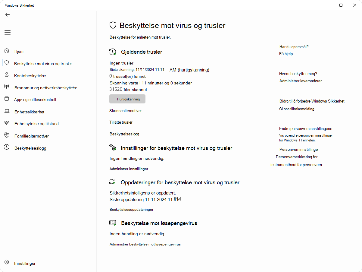 Skjermbilde av siden virus- og trusselbeskyttelse i Windows Sikkerhet-appen.