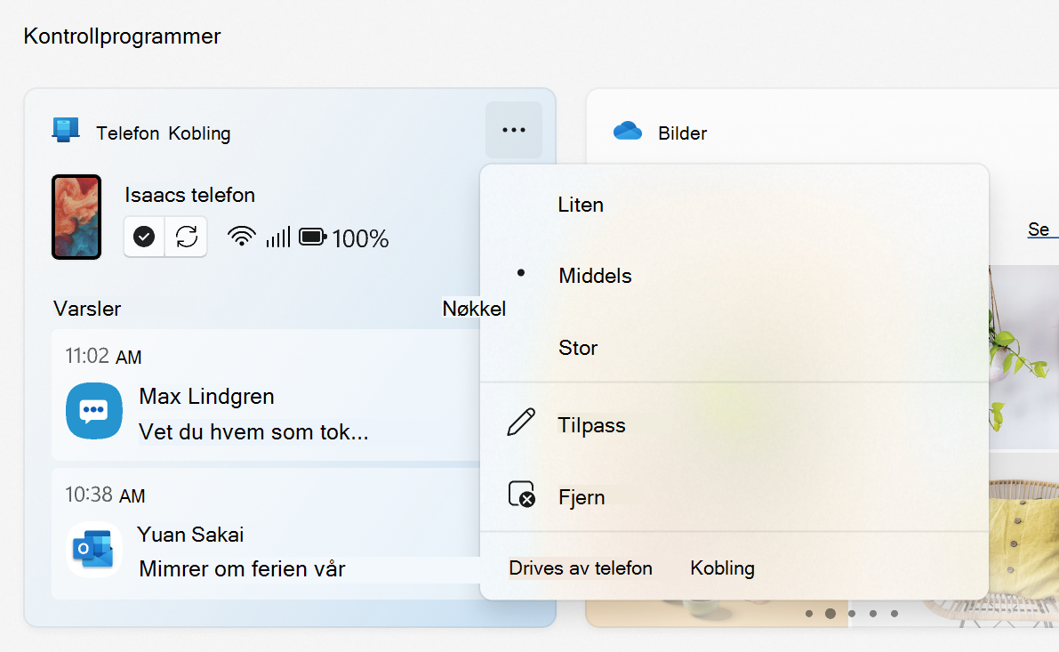 Telefonkobling-miniprogrammeny som viser alternativer for størrelse, tilpass, fjern og Drevet av Telefonkobling.