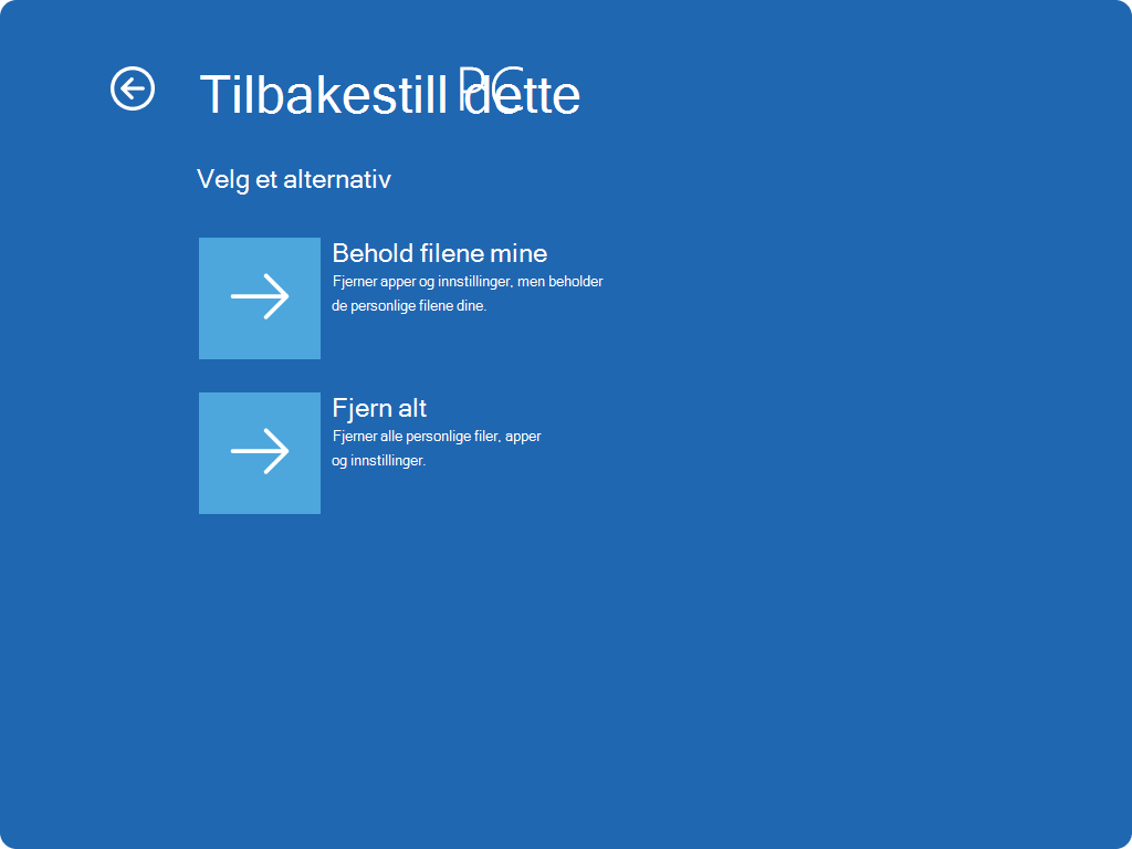 Skjermbilde av tilbakestillingsskjermen i WinRE.