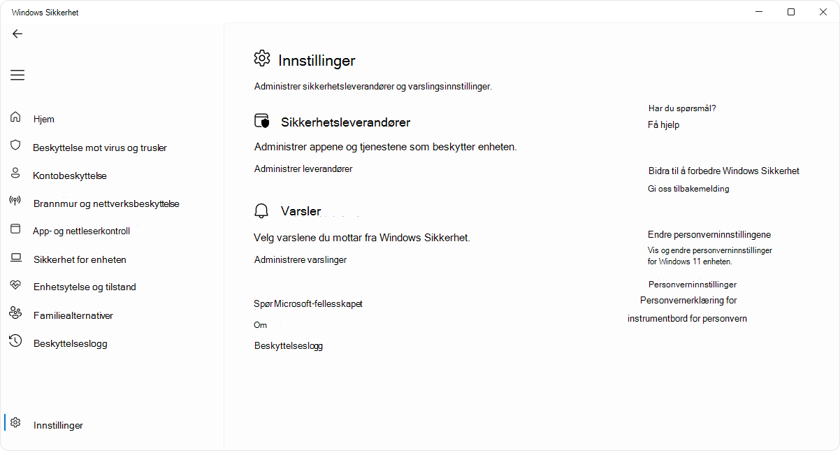 Skjermbilde av innstillingssiden for Windows Sikkerhet-appen.