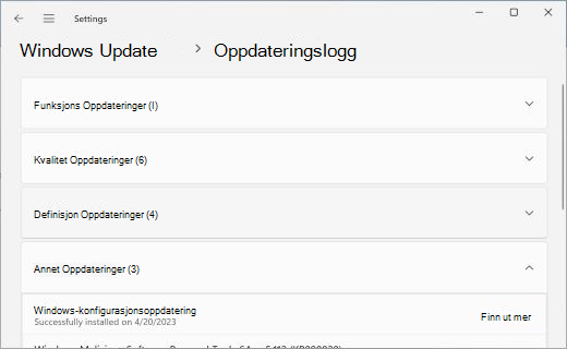 Viser Oppdateringslogg-siden med Inndelingen Annet Oppdateringer utvidet.
