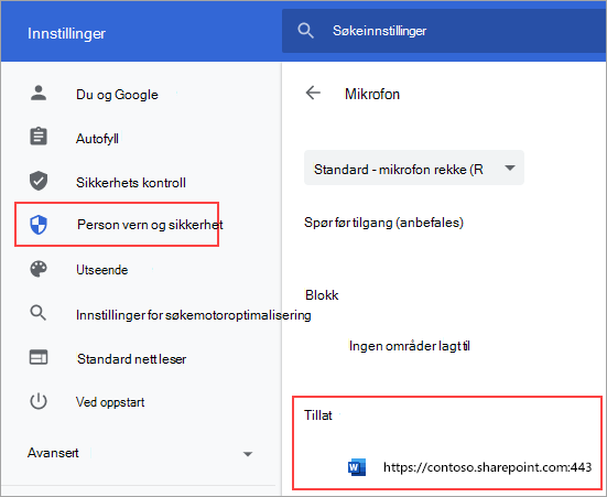 Innstillingssiden for mikrofontillatelser for Chrome