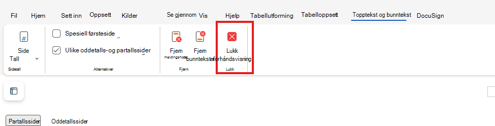 Lukk forhåndsvisning av topptekst og bunntekst på nettet