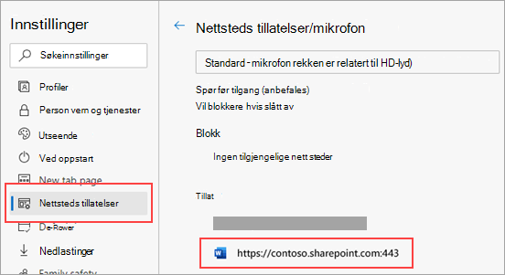 Innstillingsside for mikrofontillatelser for Microsoft Edge