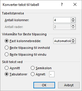 Dialogboksen Konverter tekst til tabell vises.