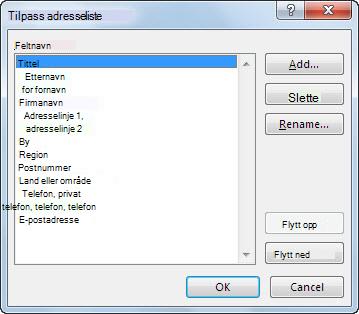 Dialogboksen Tilpass adresseliste
