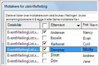 Velge rader ved å aktivere avmerkingsboksen
