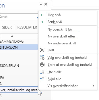 Alternativer på høyreklikkmenyen for overskrifter i navigasjonsruten