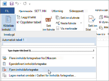 Fjerne en innholdsfortegnelse