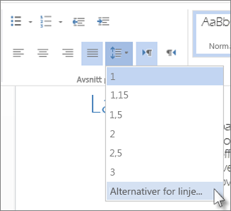 Linjeavstand-menyen i Word Online