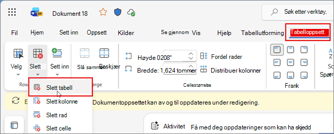 Bilde av den delen av en popup-meny som åpnes når du velger innholdet i en tabellcelle i Word Online, med alternativet Slett tabell uthevet.
