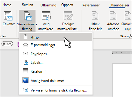 Startmenyen for utskriftsfletting med Brev valgt