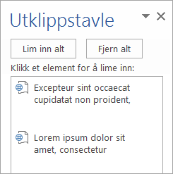 Viser oppgaveruten Utklippstavle med kopiert innhold