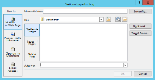 Legge til en hyperkobling til en eksisterende fil