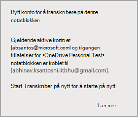 Bytt konto for å transkribere i denne notatblokken