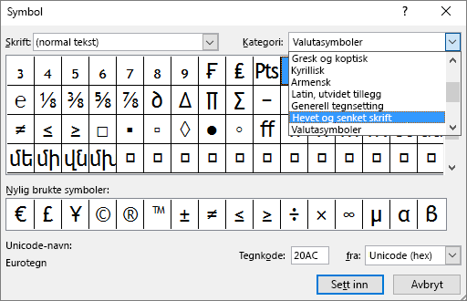 Viser delsett for hevet og senket skrift i dialogboksen Symbol i PowerPoint