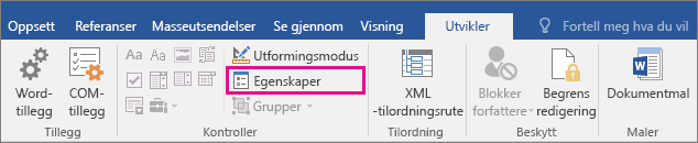Alternativet egenskaper er uthevet i fanen Utvikler.