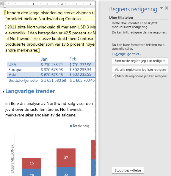 Redigeringsalternativene Begrens redigering vises i ruten.