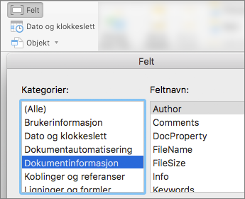 Skjermbilde som viser feltkoder filtrert etter dokumentinformasjonskategori