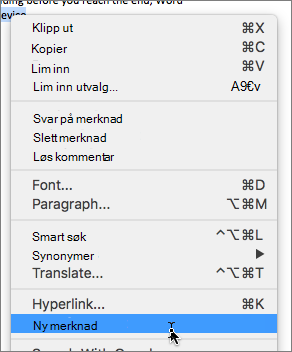 Velg Ny kommentar på hurtigmenyen