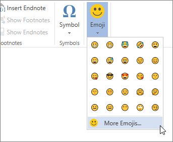 Klikk Flere emojier på Emojis-knappen på Sett inn-fanen for å velge blant alle tilgjengelige emojier.