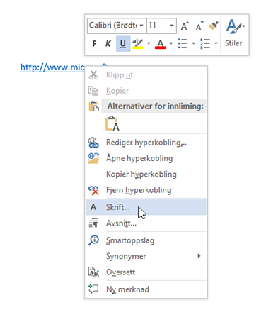 Endre skriften for en hyperkobling