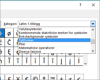 Velg Tallformer i dialogboksen Delsett for å vise brøker og andre matematiske symboler