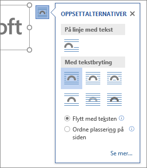 Klikk Alternativer for oppsett for å velge hvordan teksten skal flyte rundt et innsatt bilde.