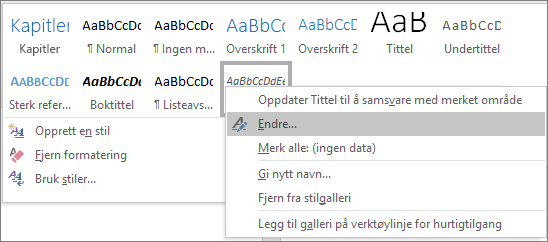 Høyreklikk bildetekststilen i stilgalleriet for å endre formateringen av bildetekstene.