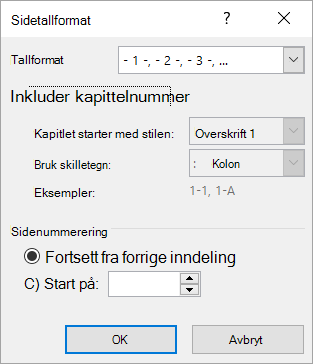 Dialogboksen Sidetallformat