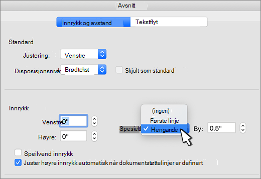 Velge hengende innrykk