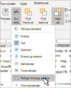 Menyelementet Rediger tekstbrytingspunkter