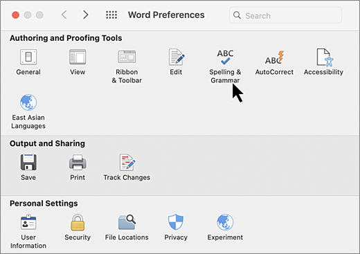 Dialogboks for Mac-innstillinger med Stavekontroll valgt