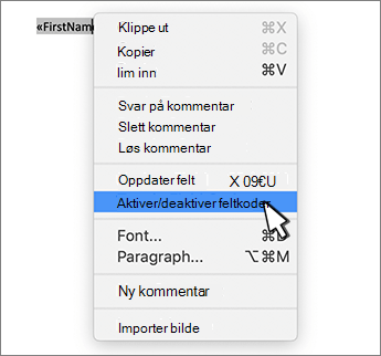 Aktiver/deaktiver feltkoder på hurtigmenyen som er valgt