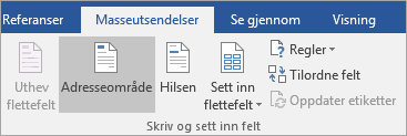 Som en del av Word utskriftsfletting velger du Adresseområde i gruppen Skriv & Sett inn felt på fanen Masseutsendelser.
