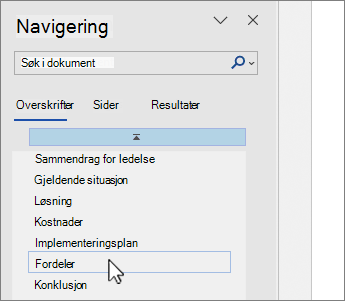 sidevalg for Word navigasjonsrute