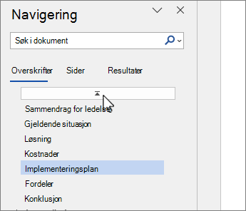 Word navigasjonsrute øverst i dokumentutvalget