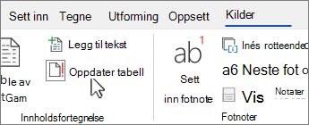 Referanse-fanen som viser oppdater tabell-knappen