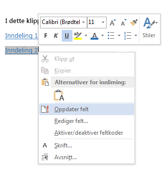Høyreklikkmenyen for en bokmerkereferanse