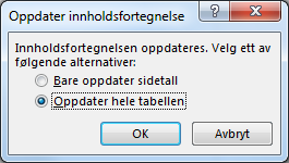 Oppdater dialogboksen for innholdsfortegnelse