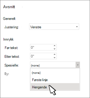 Velge hengende innrykk