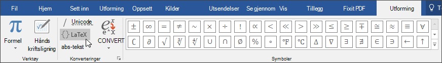 Bilde av Utforming-fanen som viser formelformatene som er tilgjengelige for LaTex-format.